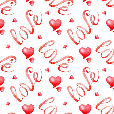 Watercolor illustration pattern red lettering love and Seamless repeating print for Valentine's day, wedding or birthday. Sketches of love symbols. isolated on white background. Drawn by hand.のイラスト素材