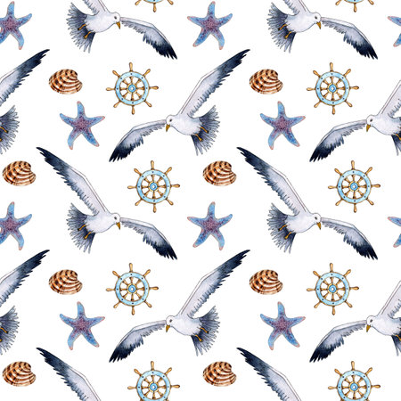 Watercolor illustration pattern seagull, helm, shell and starfish. Seamless repeating print of stylized seagulls. Sea life, flying birds. isolated on white background.のイラスト素材