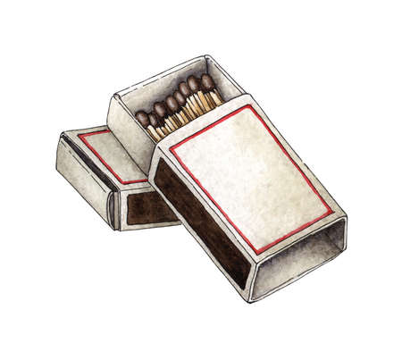 Watercolor illustration of two matchbox full of red matches. Get the flame. Light the fire. Burnt wooden stick. Hand drawn doodles. isolated on white background. Drawn by hand.のイラスト素材