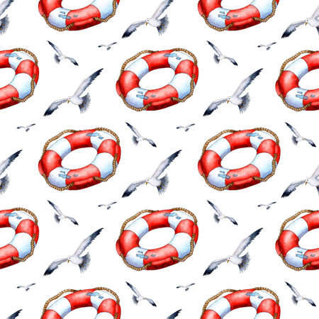 Watercolor drawing of a red and white lifebuoy and a seagull. Funds to help the drowning. Rescue device for holding a person on the surface of the water. isolated on a white background.のイラスト素材