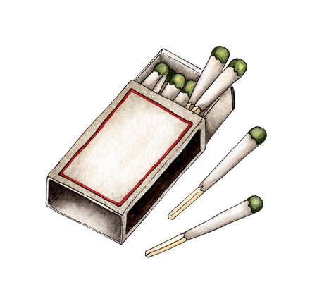 Watercolor illustration of hunting matches. Get the flame. Light the fire. Burnt wooden stick. Hand drawn doodles. isolated on white background. Drawn by hand.のイラスト素材