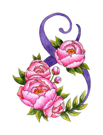 Watercolor illustration number 8 from flowers for International Women's Day. Purple figure decorated with pink peonies. Isolated illustrations on a white background. Drawn by hand.のイラスト素材
