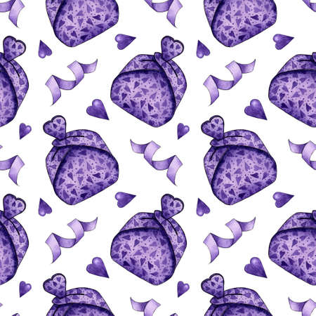 Watercolor illustration pattern purple cardboard box with print and hearts. Gift box with hand painting for a compliment or gift. isolated on white background. Drawn by hand.のイラスト素材