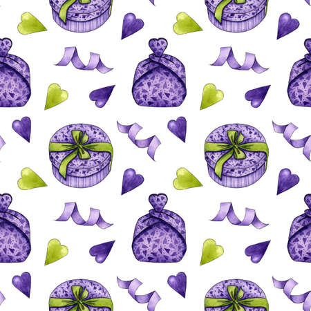 Watercolor illustration of a pattern of purple cardboard boxes with a seal and a heart. Gift box with hand painting for a compliment or gift. isolated on white background. Drawn by hand.のイラスト素材