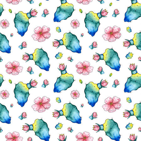 Watercolor illustration of a pattern of blue-green cacti with pink flowers. It's perfect for...