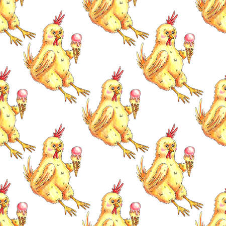 Pattern yellow funny chick eats ice cream drawn with colored pencils. It's perfect for postcards, posters, banners, invitations, greeting cards, prints. isolated on white background. Drawn by hand.のイラスト素材