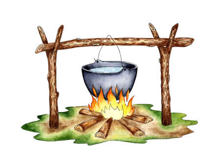 Watercolor illustration of camping food being cooked on a campfire. Campfire cooking picnic. For the design of design compositions on the theme of tourism, hiking, outdoor recreation. isolated on white background.のイラスト素材