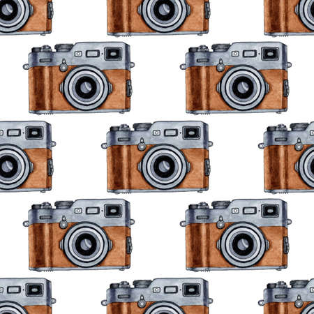 Watercolor illustration pattern of a brown retro camera. Ideal for photography logo. isolated on...