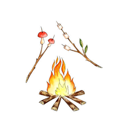 Watercolor illustration marshmallows are roasted on a fire, on a stick. Outdoor recreation, camping. For the design of design compositions on the theme of tourism, hiking, outdoor recreation. isolated on whiteのイラスト素材