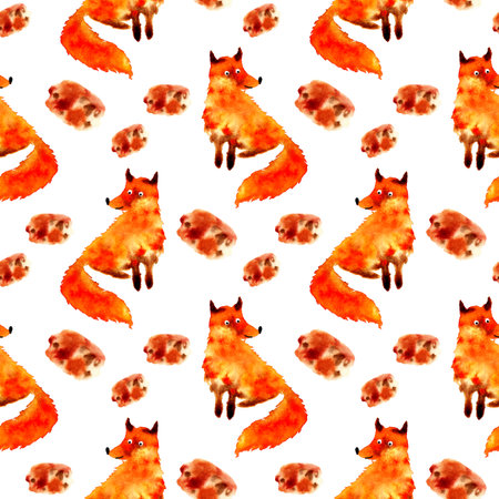 Watercolor illustration of an orange fox and a blot. watercolor stains. It's perfect for postcards, posters, banners, invitations, greeting cards, prints. isolated on white background.のイラスト素材