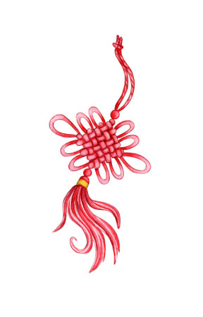 Watercolor illustration of a red Chinese keychain. Holiday, celebration, New Year, tradition. Ideal for t-shirts, cards, prints. isolated on white background. drawn by hand.のイラスト素材