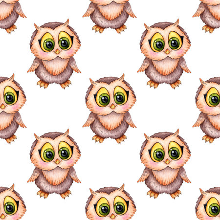 Watercolor illustration pattern of a cartoon owlet. smart owl. back to school. Ideal for t-shirts, cards, prints. isolated on white background. Drawn by hand.のイラスト素材