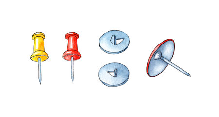Set of watercolor illustrations of push pins. Collection of office tools. School supplies "Back to school". Suitable for posters, posters, cards, holiday decor. isolated on white background.のイラスト素材