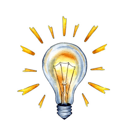 Watercolor illustration of a yellow glowing light bulb with rays. Edison lamp, Incandescent lamp, Ilyich. Creative thinking and unique ideas. isolated on white background. Drawn by hand.のイラスト素材