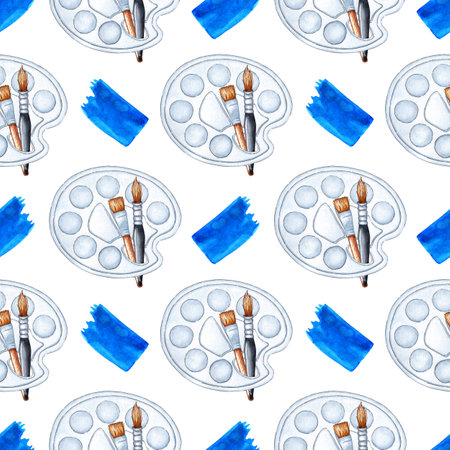 Watercolor pattern of plastic palette, brushes and blue paint stroke. art supplies. The working tool of the artist, illustrator, designer. isolated on white background. Drawn by hand.のイラスト素材