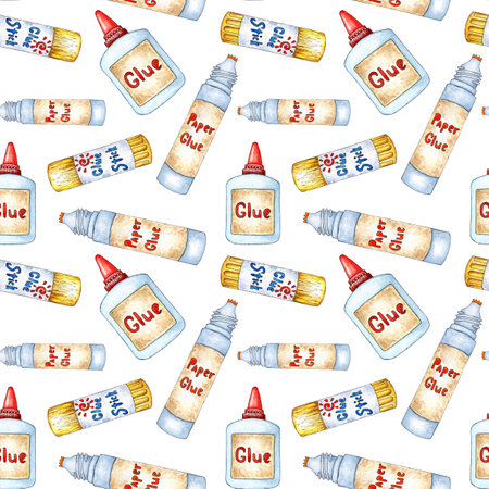 Watercolor pattern drawing of glue packages. Goods for creativity "Back to school". Capacity with glue for office and school. Suitable for posters, posters, cards, holiday decor. isolated on white.のイラスト素材