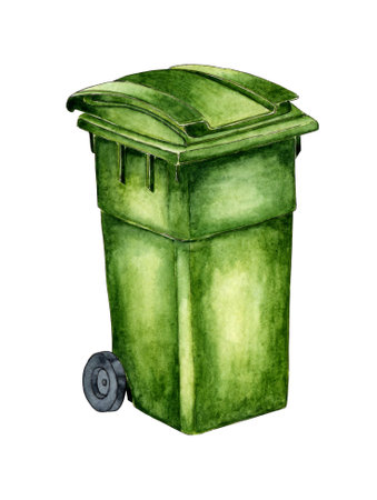 Watercolor illustration of a trash can. Green plastic jar for waste disposal. Symbol of ecology, recycling and waste. Waste bin on wheels. isolated on a white background. Drawn by hand.のイラスト素材