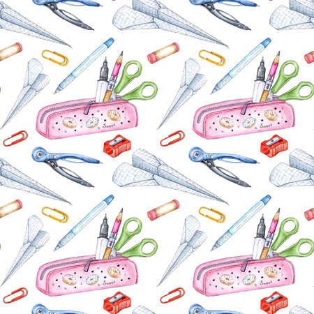 Watercolor illustration of office seamless pattern, school supplies: pencil case, pens, pencils, scissors, compasses, sharpener, eraser, paper airplane. back to school. Isolated on a white background, hand drawnの写真素材
