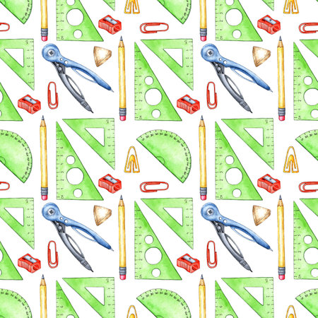 Watercolor illustration of ruler pattern, simple pencil, compasses, eraser, sharpener, paper clips. Stationery "Back to school" for posters, posters, postcards, holiday decor. isolated on white background.の写真素材