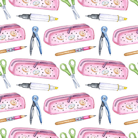 Watercolor illustration pattern office seamless pattern, school supplies: pencil case, pens, pencils, scissors, compasses, marker. back to school. isolated on white backgroundの写真素材