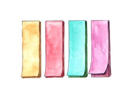 Watercolor illustration set of paper bookmark stickers. Bright notepads so you don't forget. Multi-colored pieces of rectangular paper. back to school. isolated on white background. Drawn by hand.の写真素材