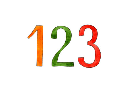 Watercolor illustrations of multi-colored numbers 123, font, letters on a white background. Doodle back to school. Use for poster, print, postcard, design, pattern, shop, advertising, marketing.のイラスト素材
