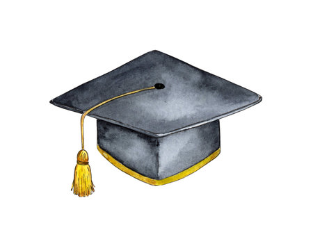 Watercolor illustration of cap student, graduate. Academic graduation. university hat. isolated on white background. Drawn by hand.の写真素材