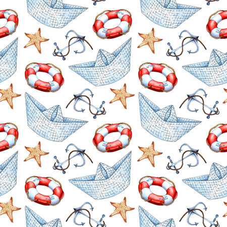 Watercolor illustration of origami paper boat from notebook sheet, lifebuoy, anchor and starfish. Design for textile and wrapping paper, children's t-shirt, nautical party. isolated on white background. Drawn by hand.の写真素材