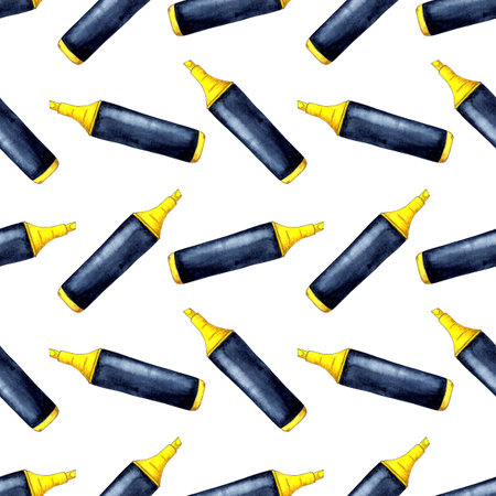 Watercolor illustration of yellow highlighter pattern. Symbol of literary and artistic creativity. work tool. "Back to School" Writing supplies for posters, posters, postcards, holiday decor. Isolatedの写真素材