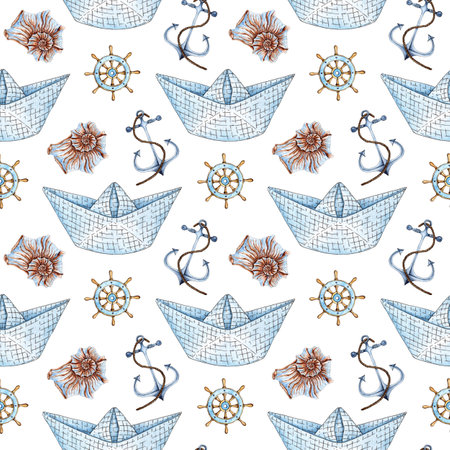 Watercolor illustration of an origami paper boat from a notebook sheet, a steering wheel, an anchor and a shell. Design for textiles and wrapping paper, children's t-shirt, nautical party on a white background.の写真素材