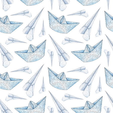 Watercolor illustration of a pattern of a paper plane and a boat, folded by hand from a sheet of notebook. Cute symbol of travel, freedom, fun, messages, news. Clip art element for posters, postcards, holiday decor.の写真素材