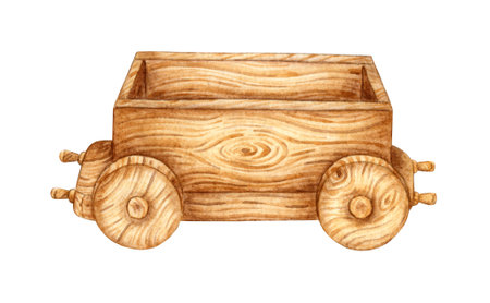 Children's toy wooden train car. Watercolor illustration of transport for small children on an isolated background. Drawing of a toy train for children's design.の写真素材