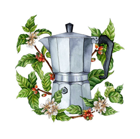 Watercolor illustration of a coffee maker, twigs, coffee beans and flowers. Hand drawn watercolor illustrations of drinks for greeting cards, logos, print. Design for making cappuccino.の素材