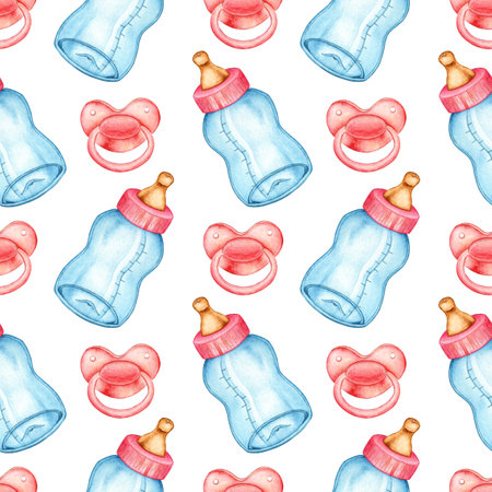 watercolor illustration pattern of pink vintage bottle and pacifier. Baby feeding bottle. Patterns for children's clothing, textiles, wallpaper, wrapping paper, packaging, design cards. Isolated on white backgroundの写真素材