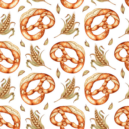 Watercolor illustration of a pattern of pretzel and ears of wheat. Traditional German pastries. Oktoberfest Isolated on White. For menus, banners, poster printing, recipes, labels, packaging design.の写真素材
