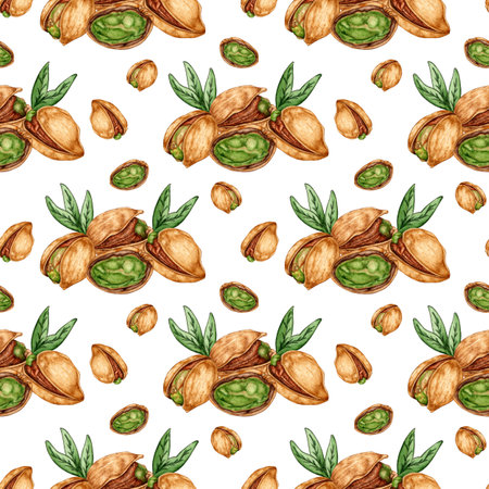 Watercolor illustration of pistachio nut pattern. Healthy food, picnic snacks, festival. Isolated on a white background. Ideal food concept, packaging design, cafe, restaurant, menu.の写真素材