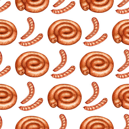 Set of watercolor illustrations of a pattern of fried sausages. Traditional snack for picnic, festival. Isolated on a white background. Ideal food concept, packaging design, cafe, restaurant, menu.の写真素材