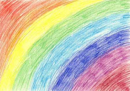 Hand drawn with colored pencils, rainbow art line drawing, hand drawn background. Colorful children's funny template. Pencil banner, poster, postcard.の写真素材