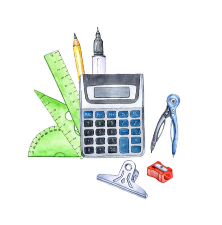 Watercolor illustration of a set of physics and mathematics calculator, pen, rulers, pencil, compass, sharpener, clip. School, university. Education, knowledge, science. Isolated on white background. drawn by hand.の写真素材