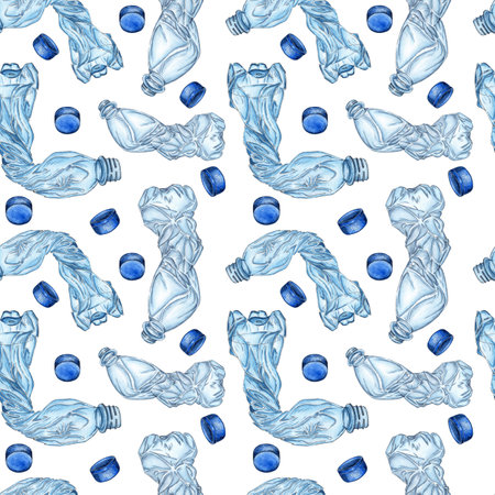 Watercolor illustration of a pattern of plastic waste pollution, bottles and corks. Plastic items are recyclable. Isolated on white background. Ecological problem. Plastic bags, dishes, household itemの写真素材