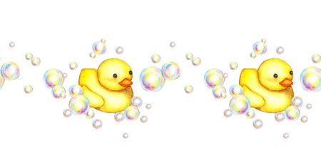 Watercolor illustration of a horizontal pattern of a small yellow carved duck and soap bubbles. Bath time. Pictures for fabric textile children's clothing, wallpaper, wrapping paper, packaging, design.の写真素材