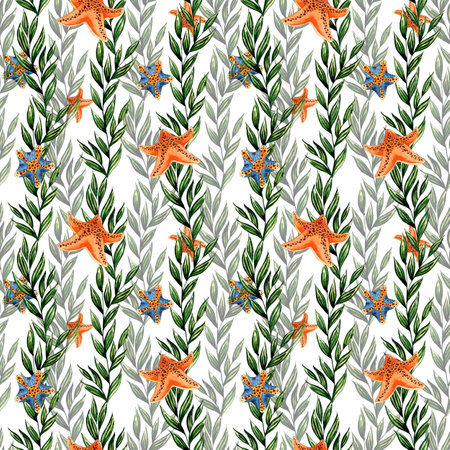 Watercolor illustration of a pattern of the underwater world with algae and starfish. Sea animals isolated on white background. Compositions for posters, cards, banners, flyers, covers, playbillsの写真素材