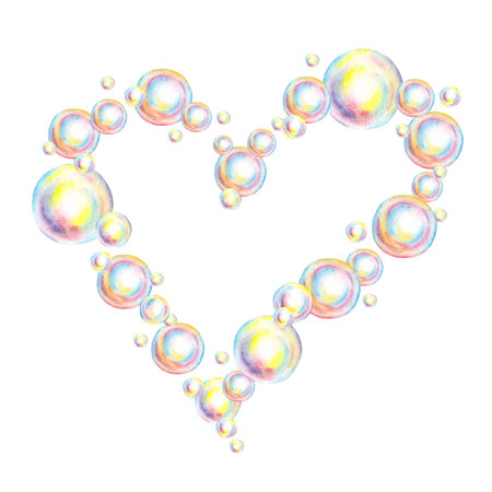 Watercolor illustration of a heart-shaped frame with soap bubbles. Summer toy symbol, bath time,...