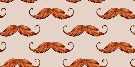 Watercolor illustration of a red mustache pattern on a beige background. Beer festival costume isolated. For barbershop decoration, wrapping paper, wallpaper, fabric, Oktoberfest, St. Patrick's Day,の写真素材