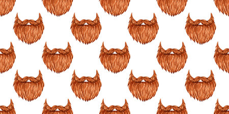 Watercolor illustration of a pattern of a red male beard and mustache. Beer festival costume isolated from background. For Oktoberfest, St. Patrick's Day decoration, posters, cards, banners, flyers, covers,の写真素材