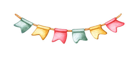 Watercolor illustration of bright flags in yellow, red and green colors, garland decoration on a rope. Isolated from background for universal use in greetings, invitations, decor and advertising.の写真素材