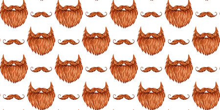 Mustache and beard red pattern watercolor illustration. Beer festival costume isolated from background. For Oktoberfest, St. Patrick's Day decorations, posters, cards, banners, flyers,の写真素材
