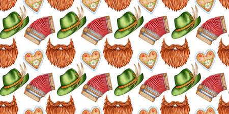 Oktoberfest pattern of watercolor illustrations with hat, beard, accordion, gingerbread. Harvest...