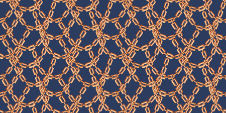 Gold chain with a frequent weave pattern on a blue background watercolor illustration. Jewelry,...