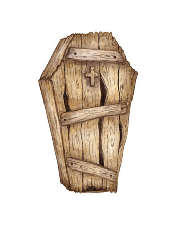 Old wooden coffin for Halloween. Dead Man Box isolated from background. Attribute for ritual burial. Concept design for poster, card, banner, wallpaper, wrapping paper,の写真素材